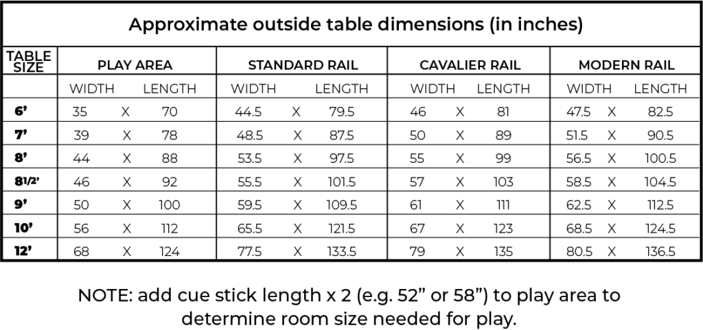 pool tables dimensions